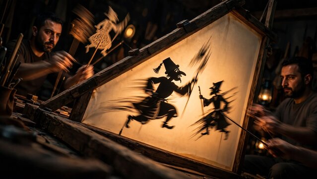 Two puppeteers operating traditional Turkish shadow theatre puppets behind an illuminated screen with dynamic motion blur effect in a rustic workshop