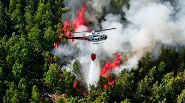 Helicopter deploying vibrant red fire retardant over blazing pine forest to create firebreak extreme aerial firefighting tactics preventing environmental destruction during severe dry season