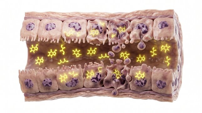 3D Microscopic Diagram of Renal Tubular Cell Apoptosis from High Caffeine and Dehydration