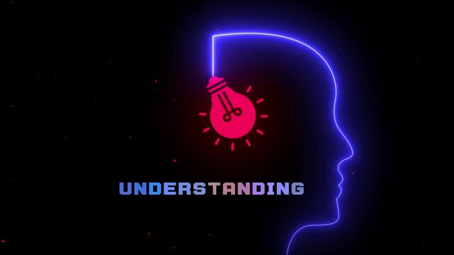 Understanding concept with glowing neon head profile and light bulb, symbolizing knowledge, comprehension, awareness, insight, and cognitive clarity.