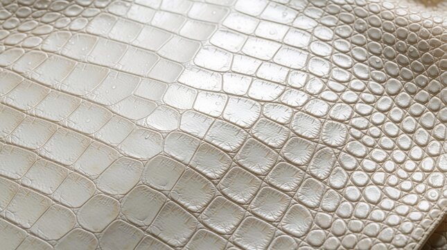 Close up view of pearl white crocodile skin texture. Luxury exotic leather material with seamless reptile pattern. Smooth shiny surface of alligator python skin used for fashion design high end