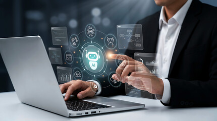 Fototapeta premium Business Professional Using Laptop With Advanced AI Technology Interface Visualization