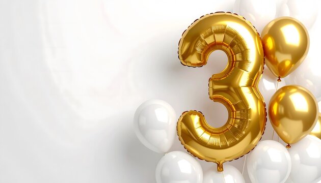 Golden foil balloon number 3 with white and gold balloons composition on white background with copy space on left