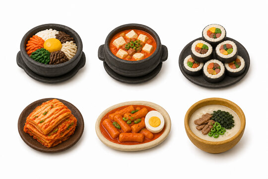 Cute Clay Korean Food Icon Set with Bibimbap, Soft Tofu Stew, Gimbap, Kimchi, Tteokbokki and Beef Bone Soup