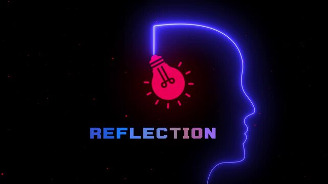 Reflection Concept with Neon Light Bulb and Human Profile Representing Self Awareness, Thought, Evaluation, Insight and Mental Focus.