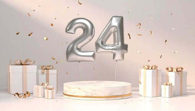 Silver foil balloon number 24 floating over round marble podium with white gift boxes and falling confetti for 24th birthday anniversary banner