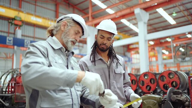 Two quality control engineers inspecting metal part in factory
