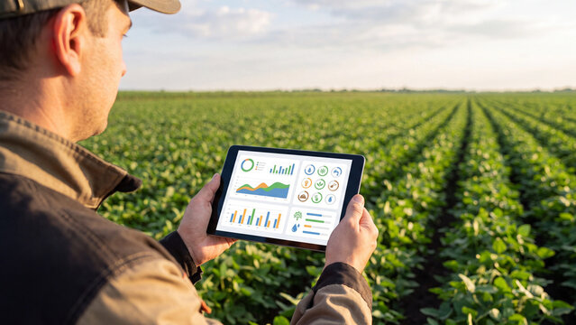 Farmer checks a digital tablet showing diverse growth charts and statistical data while standing in a soybean field.