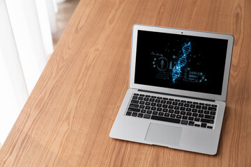 Fototapeta premium Medical science technology and futuristic healthcare virtual computer software analyze human health and diagnose disease for doctor data and medical research. brisk