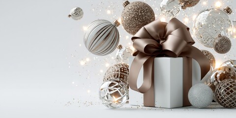 Obraz premium Elegant white gift box with large bronze ribbon surrounded by festive Christmas ornaments and golden sparkles.