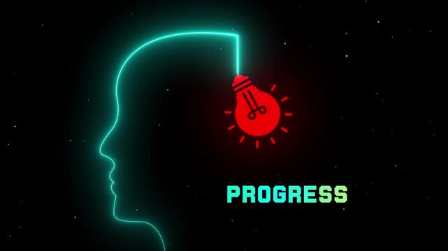 Digital Progress Concept with Neon Human Mind and Glowing Light Bulb for Future Technology Advancement.