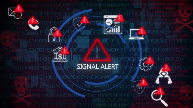 Cybersecurity alert concept showing system warning symbols in browser window interface, representing hacking threats, data breaches, and internet security issues in digita