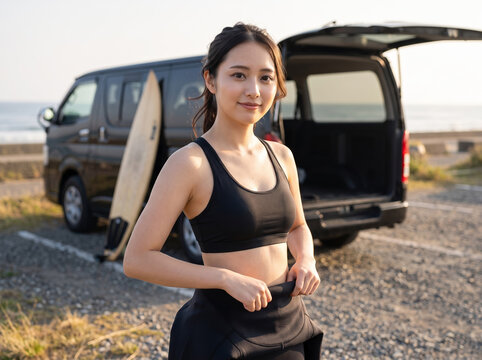 海辺の駐車場で着替えるウェットスーツ姿の女性