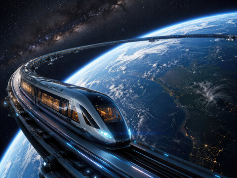 Futuristic Orbital Train Traveling Around Earth in Space