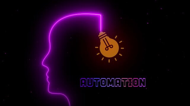 Automation Technology Concept with Neon Human Mind and Glowing Bulb for Smart Digital Solutions.