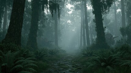 Obraz premium Mysterious Encounter in a Prehistoric Forest Landscape