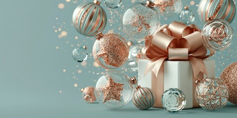 Obraz premium Festive white gift box with large rose gold ribbon bow surrounded by sparkling glass ornaments on teal background.