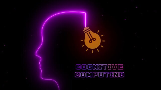 Modern cognitive computing concept with glowing human profile and idea icon for artificial intelligence and innovation animation.