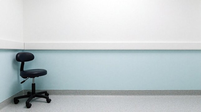 Empty doctor office room with examination stool near pale blue wall. Clean clinical space with professional interior for medical consultation and healthcare treatment.