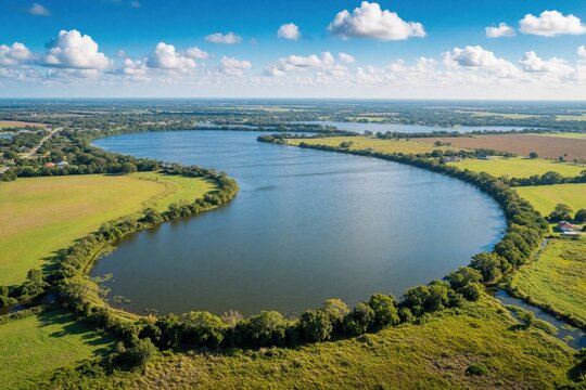 Aerial view of large lake Okeechobee Florida, vast water body surrounded by green fields, trees, and scattered houses. Sunny day with blue sky and white clouds.