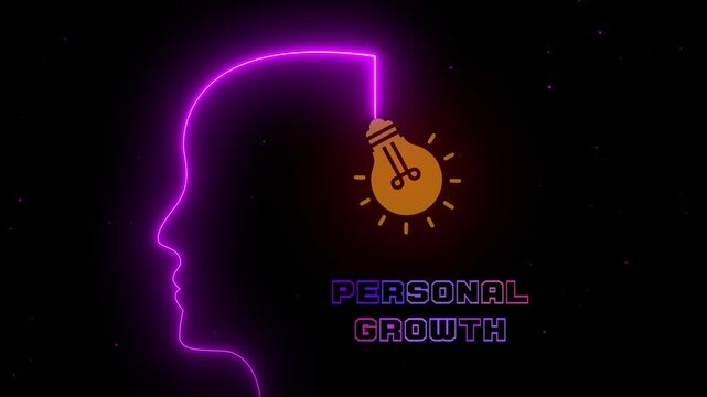 Animated glowing brain and light bulb concept for personal growth, self development, learning journey and future success.