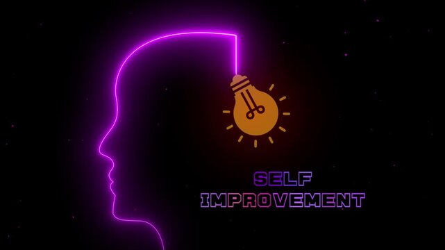 Modern human profile with glowing idea icon representing self improvement, continuous learning and personal excellence animation.
