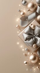 Obraz premium Elegant beige gift box with a large silver bow surrounded by floating gold and champagne Christmas ornaments.