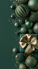 Obraz premium Elegant teal and gold Christmas ornaments arranged with a gift box on a dark green background.
