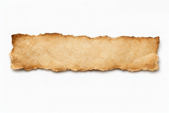 Vintage aged parchment torn paper banner with burnt rough edges isolated on white background