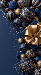 Obraz premium Luxurious blue and gold Christmas baubles surrounding a wrapped gift box with a large satin bow on a dark background.