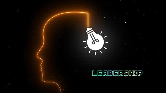 Neon glowing head silhouette with lightbulb concept showing leadership text on dark background