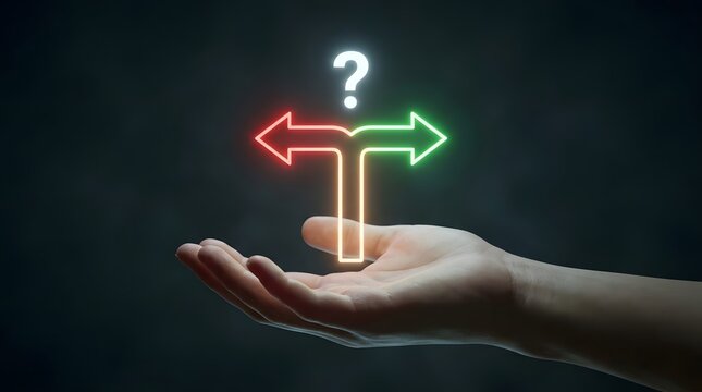 A human hand holding a glowing neon sign showing two opposite directions with a question mark above the choice