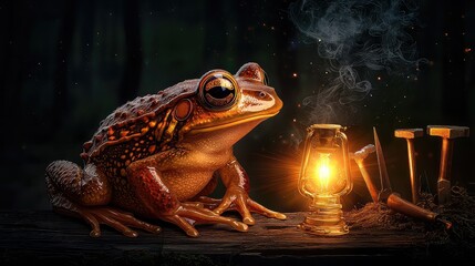 A Magical Toad With A Glowing Lantern In A Dark Forest Background © MUMTAZ