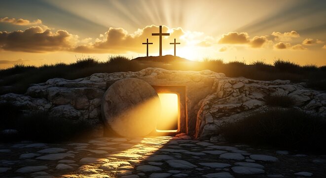 Three Crosses on Hilltop with Glowing Sunrise Over Rocky Pathway