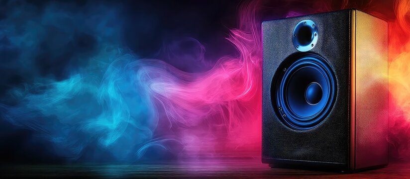Neon Music Speaker With Colorful Vibrant Smoke Background