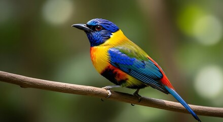 Fototapeta premium Vibrant Rainbow Lorikeet Perched on Thin Branch in Natural Habitat