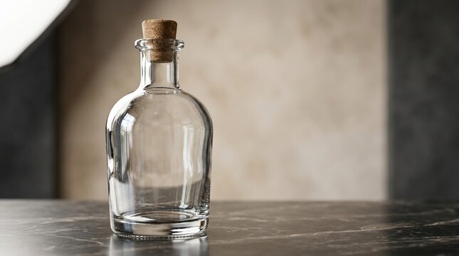 Empty clear glass bottle with cork stopper on surface