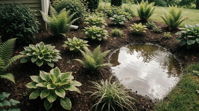 Stagnant water forms puddle in garden bed with hostas and ferns. Poor drainage issue near house downspout. Wet soil problem impacting plants and landscape.