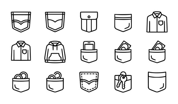 Pocket Icon Set with Shirt Hoodie Phone Money Keys Coins Denim Outline Vector Icons for Fashion Clothing and Apparel