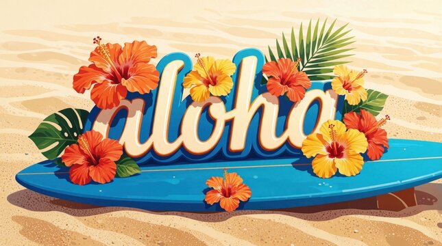 Aloha text and hibiscus flowers sit on blue surfboard on sandy beach. Tropical summer scene with palm leaves and sunshine. Perfect for vacation or Hawaii themes.