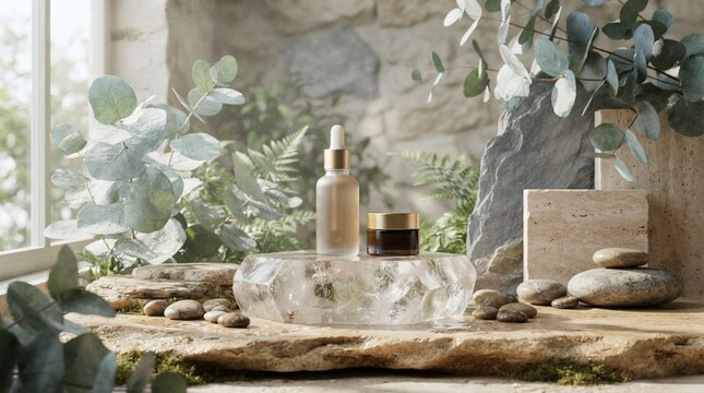 Natural skincare product display with botanical elements and soft lighting