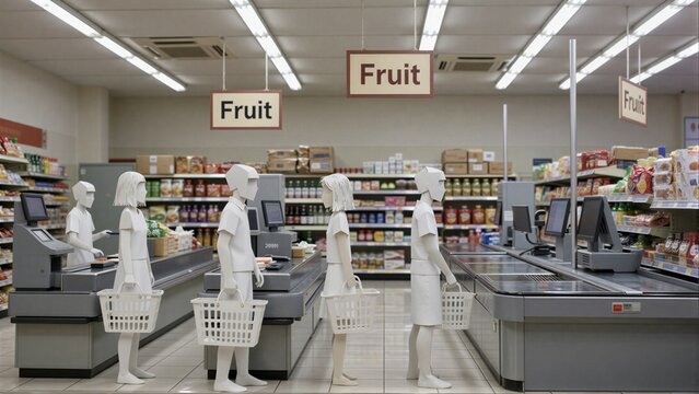 Paper cutout shoppers queue at supermarket checkout under "Fruit" sign.