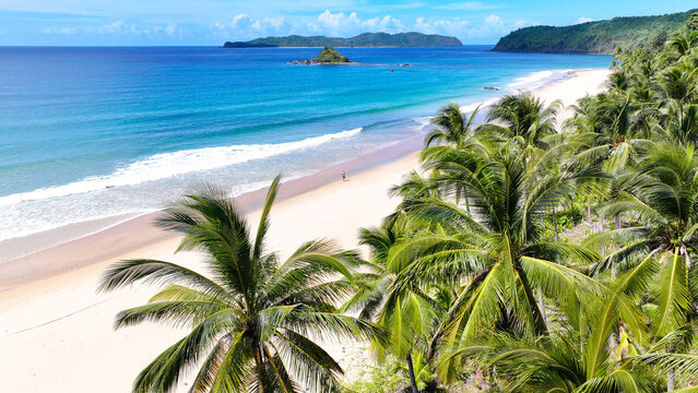 Aerial view of Nacpan Beach with lush palm trees, turquoise water, and a sandy coastline in Mimaropa, Philippines.