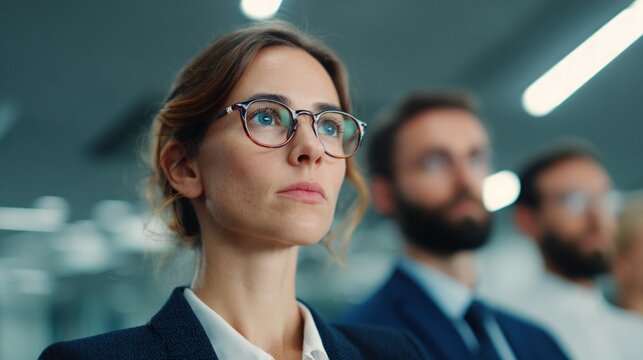 Focused Businesswoman in Glasses Listening to Presentation in Modern Corporate Office during Professional Strategy Meeting and Team Collaboration