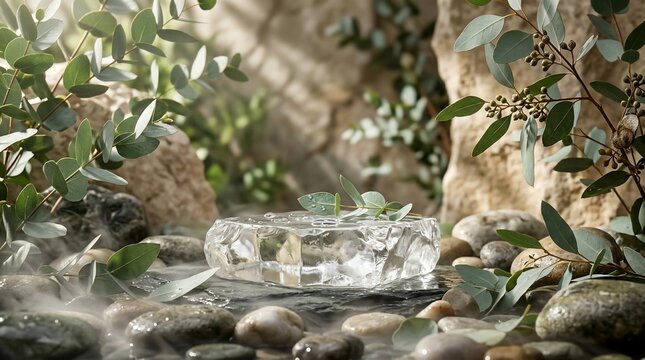 Naturalistic podium surrounded by lush greenery and smooth stones