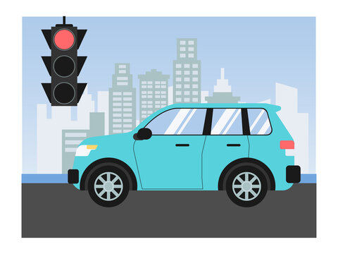 A SUV car stopped at a red traffic light. Traffic illustrations. Flat vector concepts.