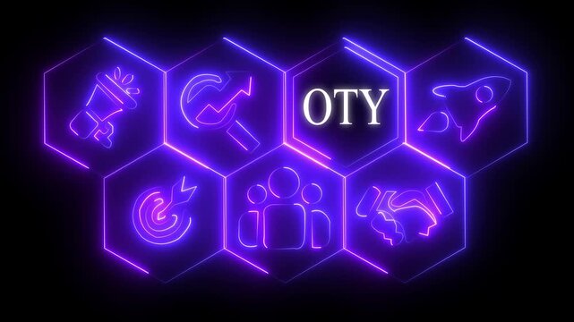  Glowing neon line O t y Transfer concept button on a futuristic computer screen. technology background with rotating world map icon, Business.4k video..