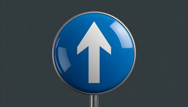 Road sign featuring a white forward arrow on a blue circular background indicates a mandatory direction for drivers and traffic flow in urban environments.