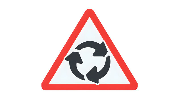 Roundabout sign displaying three black arrows in a circular formation within a red triangle alerts drivers to prepare for an upcoming intersection requiring clockwise navigation and caution on the.