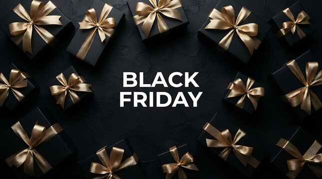 Black friday sale background with wrapped gift boxes and golden ribbons on a dark black surface